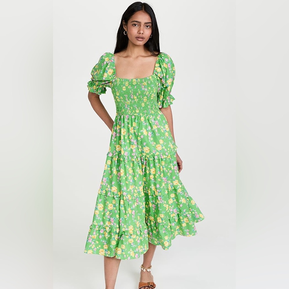 Moon River Green Floral Midi Dress